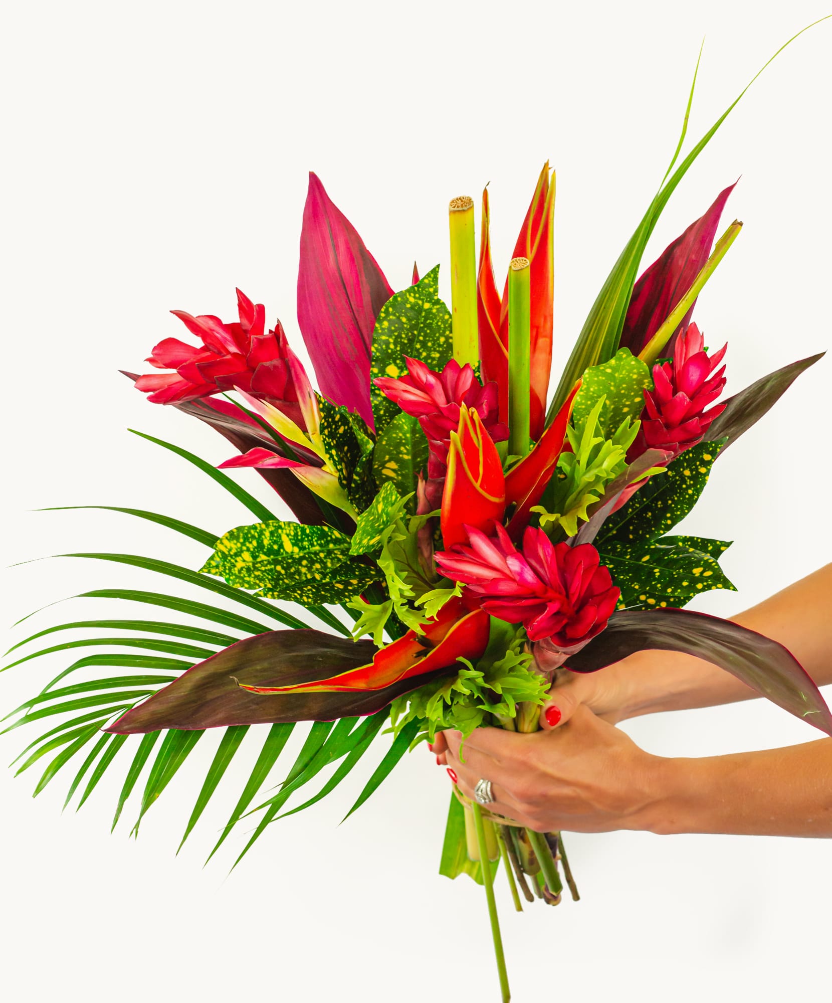 Vibrant tropical bouquet featuring pink ginger flowers, lush green leaves, and dramatic red accents.
